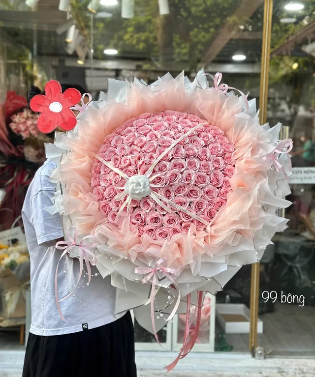 粉色玫瑰造型・圓形緞帶